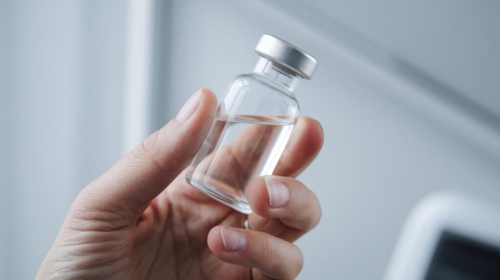 Hand holding a clear medical vial for peptide or weight loss injection therapy